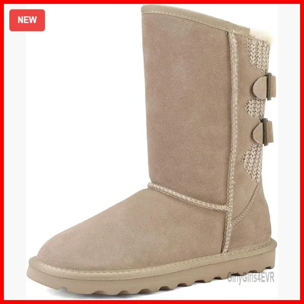 Women's Mid Calf Snow Boots with Faux Fur Lining and Buckle Straps